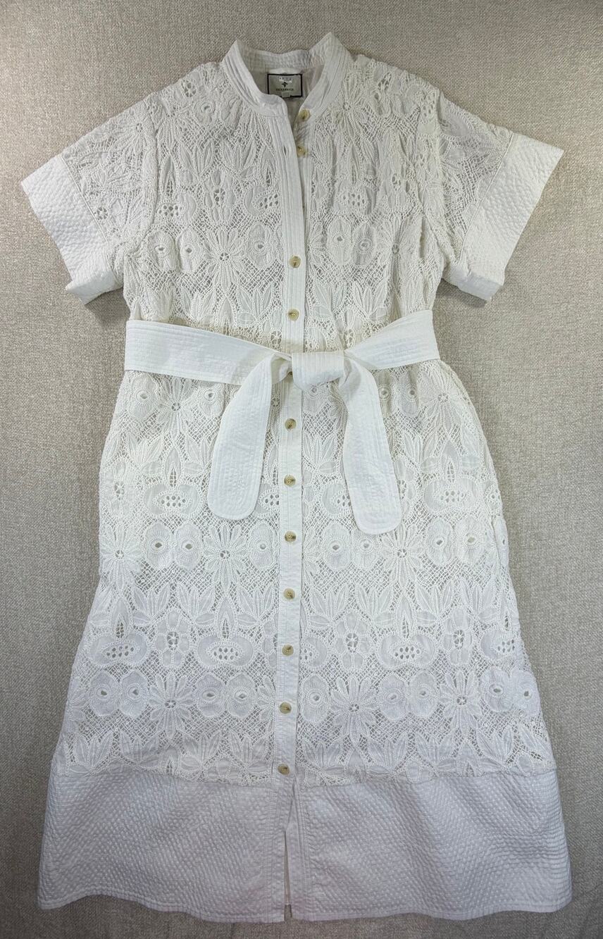 Tuckernuck Women M White Lace Short Sleeve Belted Midi Summer Party Dress